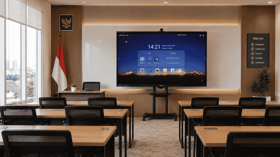 Smart Classroom dengan display interaktif, sistem audio visual pembelajaran, hybrid learning, dan solusi ruang training modern di Indonesia.